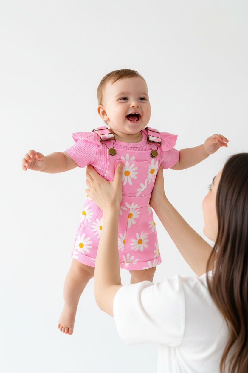 Bébé 3-6M ensemble rose top volants salopette marguerites soulevée