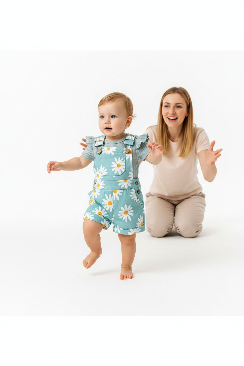 Bébé 3-6M ensemble teal top volants salopette marguerites premiers pas