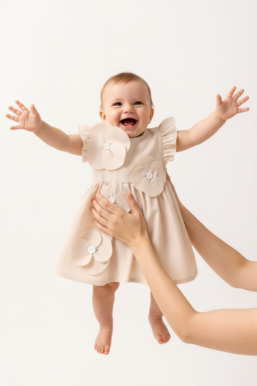 Bébé 6-9M robe beige fleurs 3D soulevée par maman fond blanc