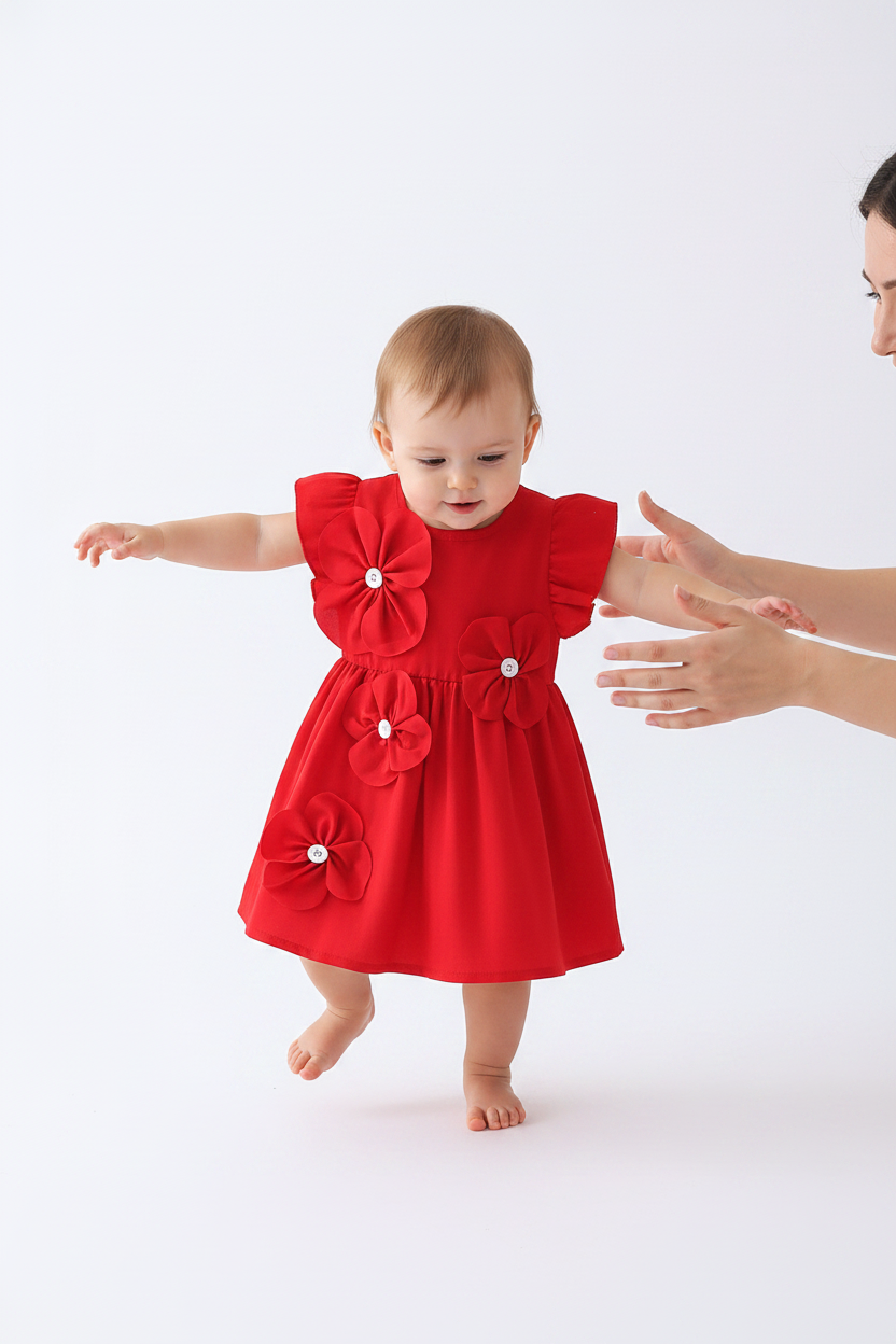 Bébé 6-9M robe rouge fleurs 3D premiers pas maman fond blanc