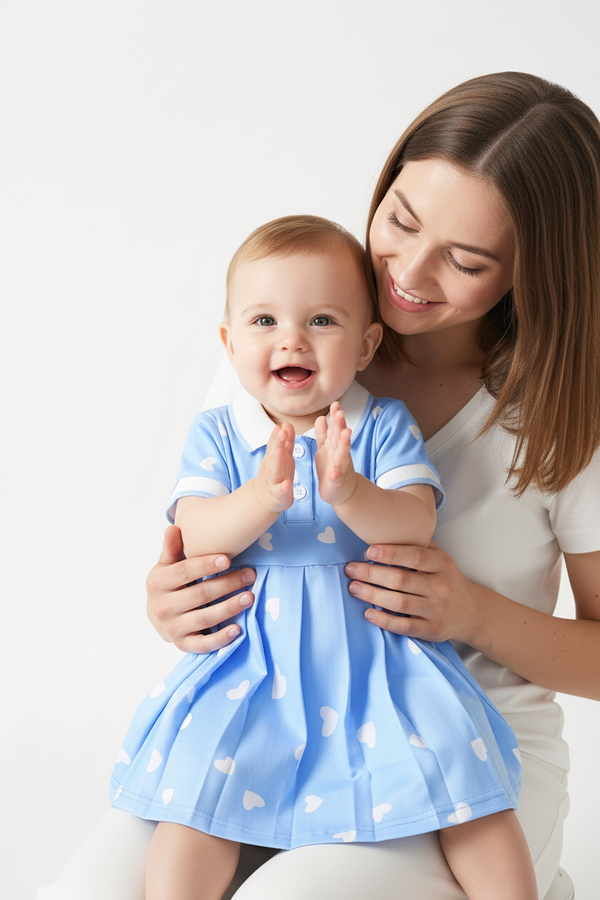 Bébé 9-12M robe polo bleue cœurs sur genoux maman fond blanc
