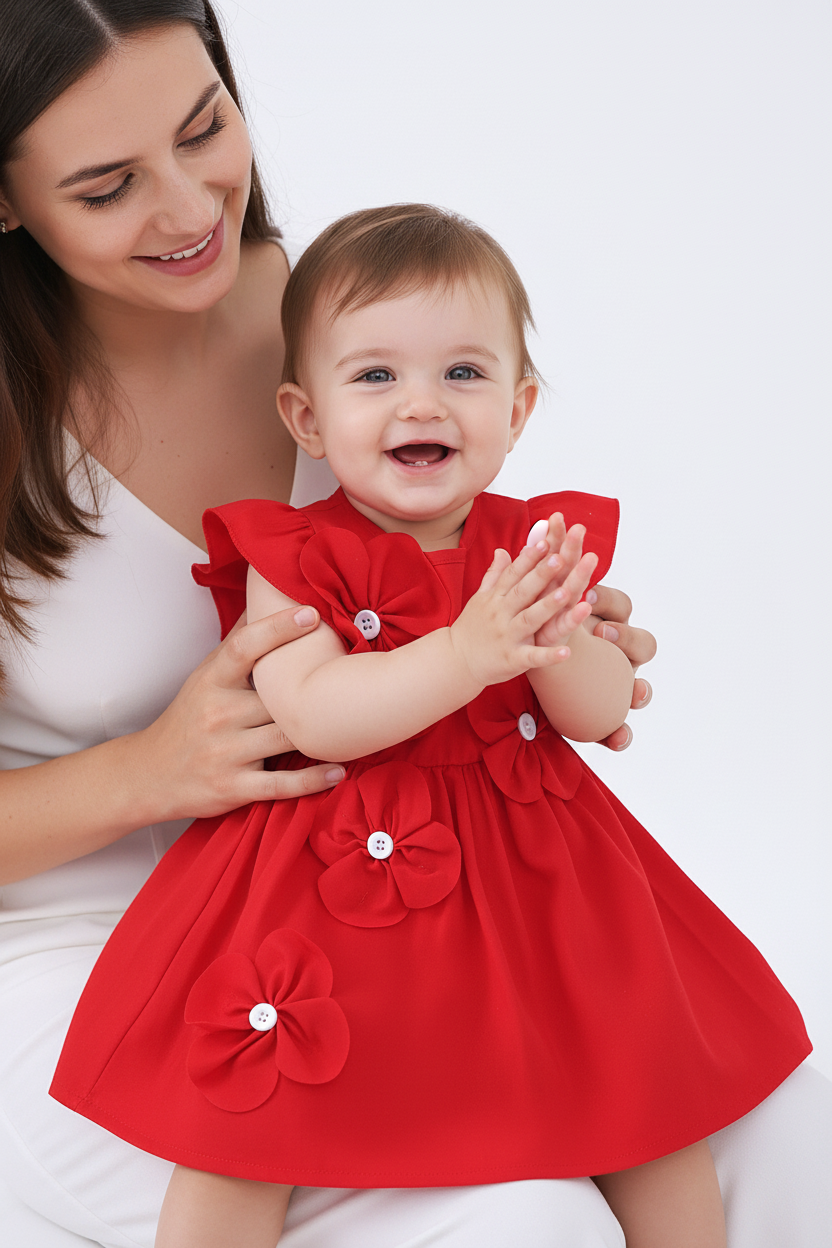 Bébé 9-12M robe rouge fleurs 3D sur genoux maman fond blanc