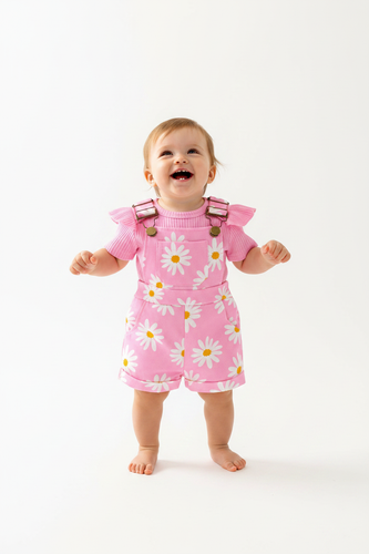 Ensemble 2 pièces Bébé Fille — Top Côtelé à Volants & Salopette Marguerites