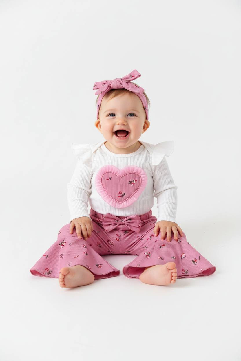 Bébé assis avec ensemble cœur rose - vue de face