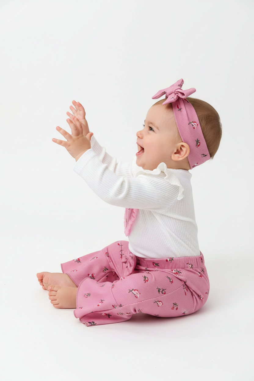  « Bébé fille debout applaudissant en body blanc à cœur rose et pantalon fleuri évasé avec bandeau - vue trois-quarts »