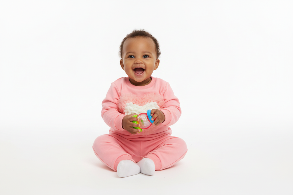 Bébé  assis et jouant joyeusement en portant un sweat rose col rond avec appliqué cœur en relief rose et blanc et pantalon rose assorti
