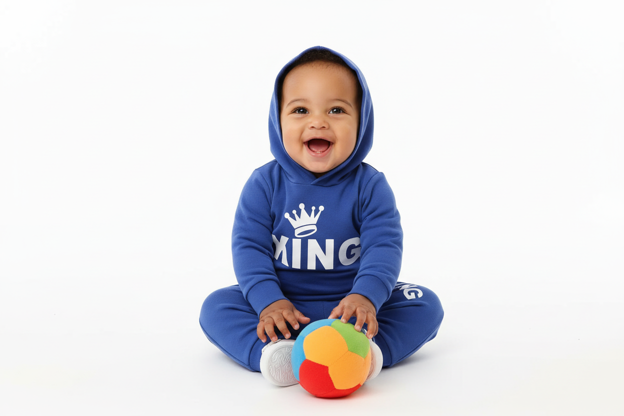 Bébé  assis et jouant joyeusement en portant un body hoodie bleu avec texte KING et couronne blanc et pantalon bleu assorti
