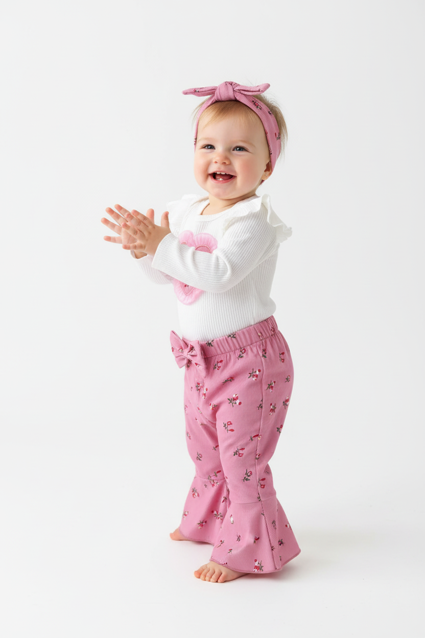 : « Bébé fille assise montrant le pantalon rose à fleurs évasé et body blanc côtelé avec appliqué cœur rose »