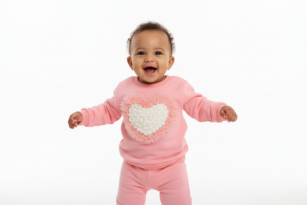 Bébé debout ou faisant ses premiers pas en portant un sweat rose col rond avec appliqué cœur en relief rose et blanc et pantalon rose assorti
