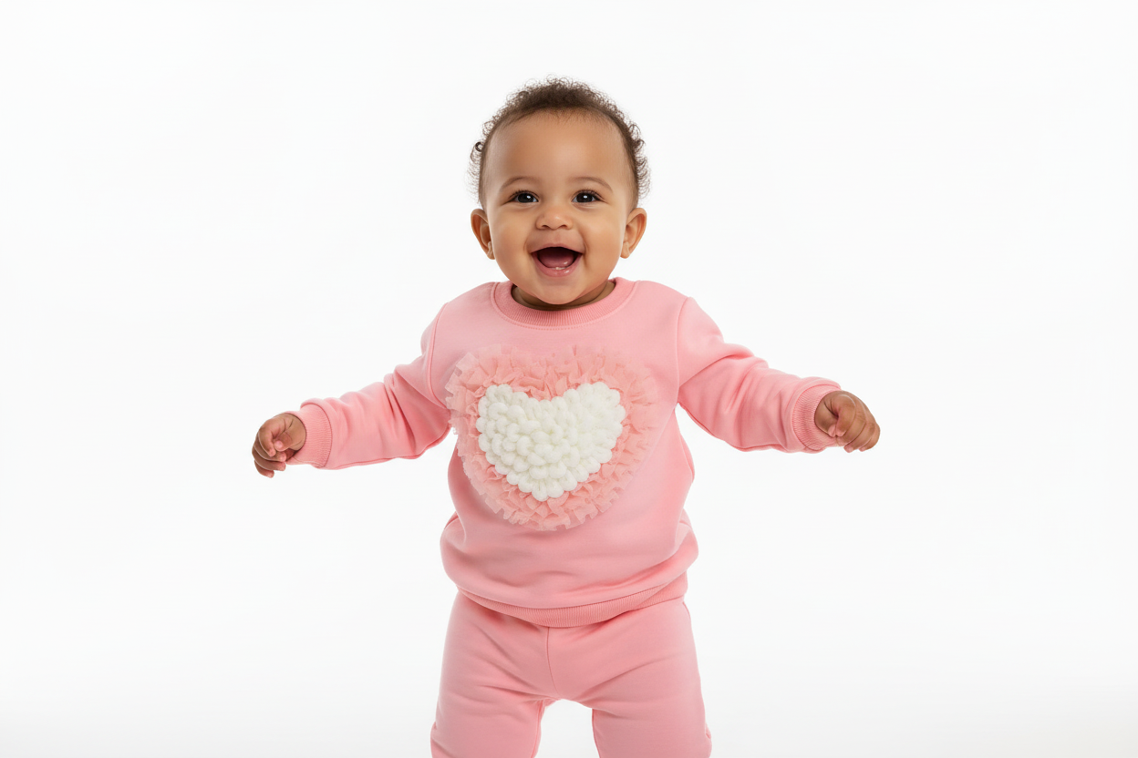 Bébé debout ou faisant ses premiers pas en portant un sweat rose col rond avec appliqué cœur en relief rose et blanc et pantalon rose assorti
