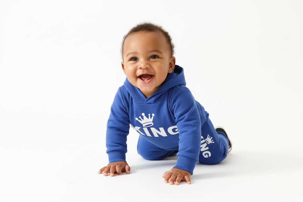 Bébé garçon  en mouvement portant un body hoodie bleu avec texte KING et couronne blanc et pantalon bleu assorti
