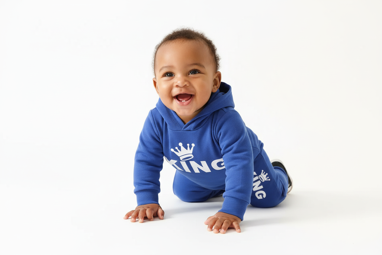 Bébé garçon  en mouvement portant un body hoodie bleu avec texte KING et couronne blanc et pantalon bleu assorti

