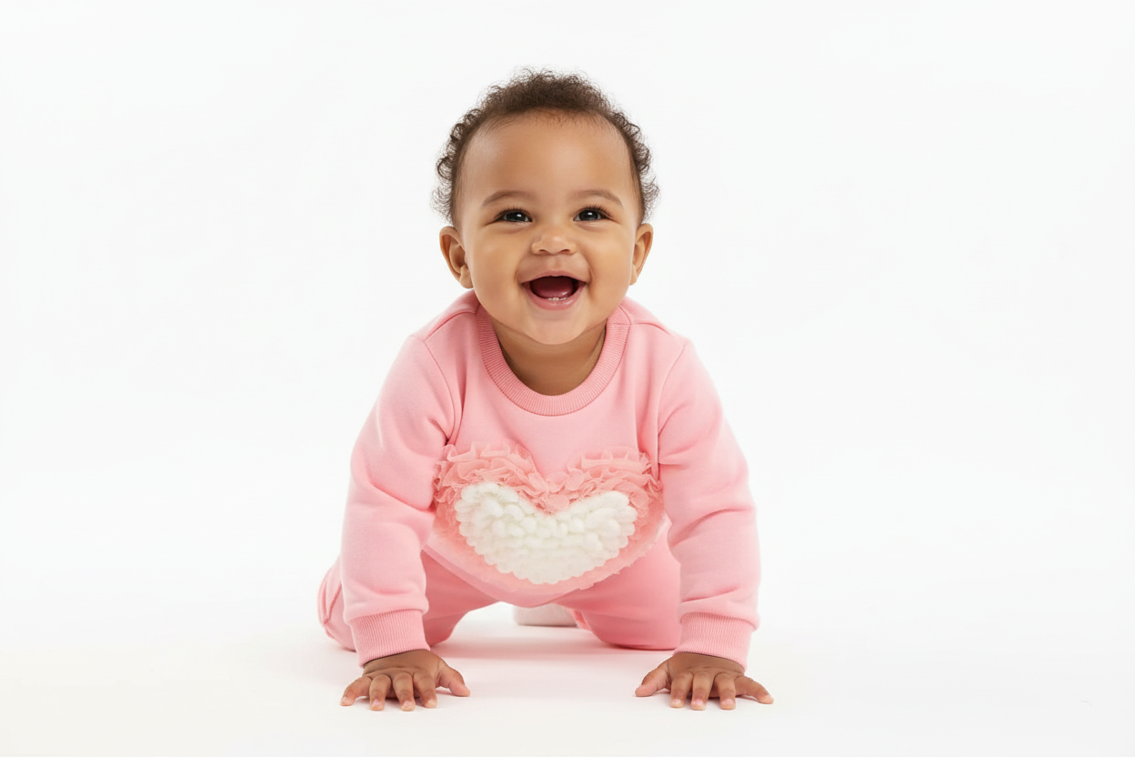 Bébé  en mouvement portant un sweat rose col rond avec appliqué cœur en relief rose et blanc et pantalon rose assorti
