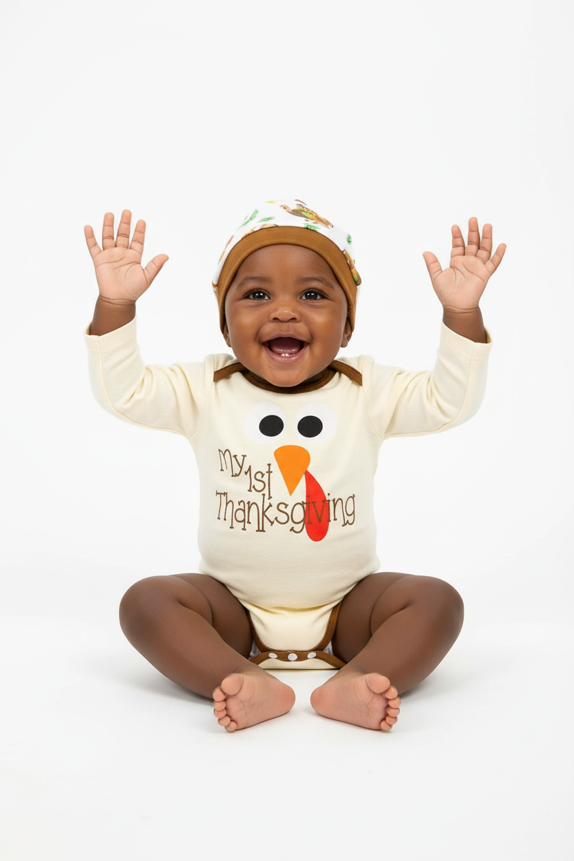 Bébé en ensemble Mon 1er Thanksgiving dinde 3 pièces - pose joyeuse bras levés - tenue festive première célébration - photo lifestyle fond blanc - BabyCoton Suisse
