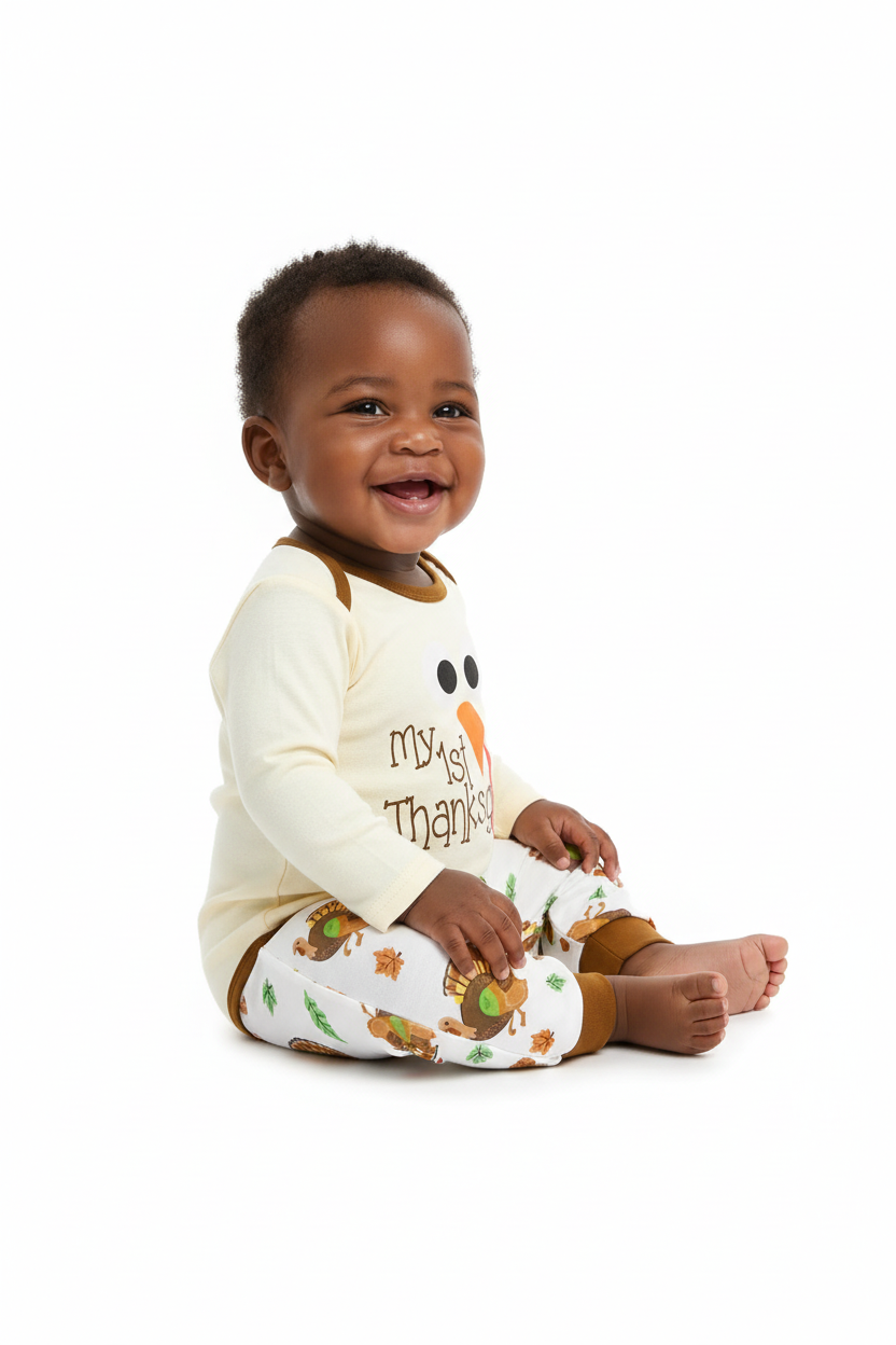 Bébé portant ensemble Mon 1er Thanksgiving dinde 3 pièces - vue de côté - détail design festif mémorable - photo produit fond blanc - BabyCoton Suisse
