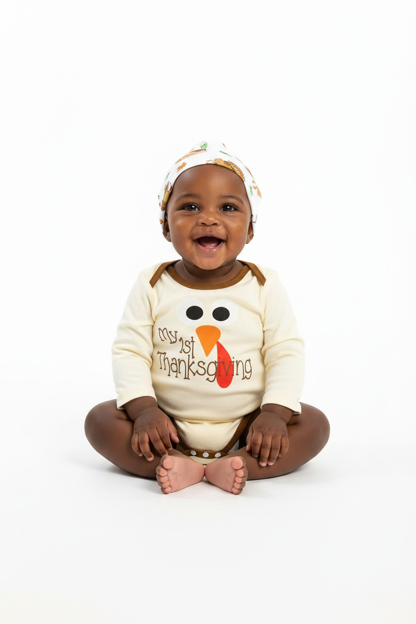 Ensemble 3 pièces Mon 1er Thanksgiving dinde graphique pour bébé - vue de face - tenue festive première fête - BabyCoton Suisse
