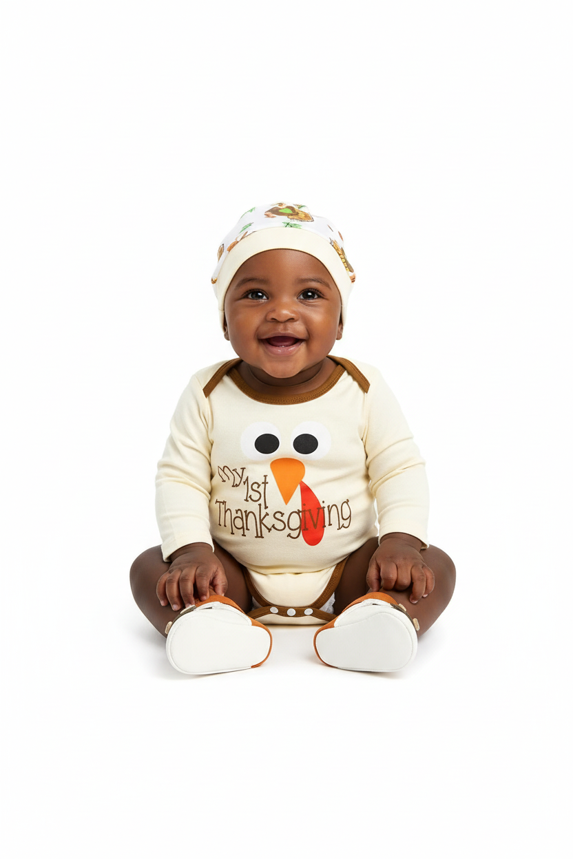 Bébé en ensemble Mon 1er Thanksgiving dinde graphique 3 pièces - pose mignonne adorable - style festif première célébration - photo lifestyle fond blanc - BabyCoton Suisse
