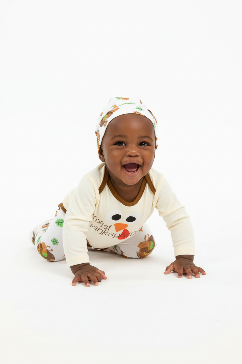 Bébé à quatre pattes en ensemble Mon 1er Thanksgiving dinde 3 pièces - pose active ludique - tenue festive confortable - photo lifestyle fond blanc - BabyCoton
