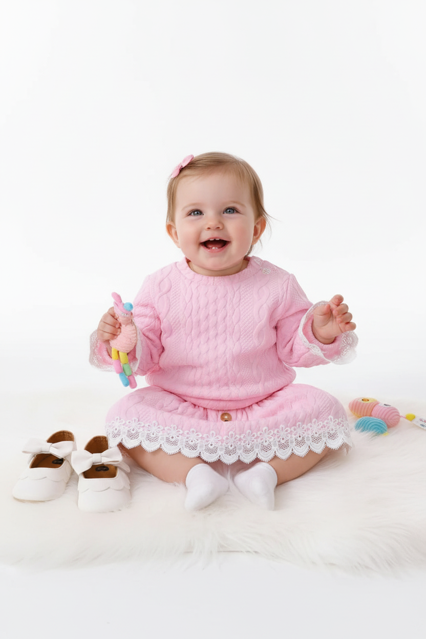 Bébé fille assis et jouant joyeusement en portant l'ensemble haut dentelle rose et jupe - vue de face - fond blanc studio