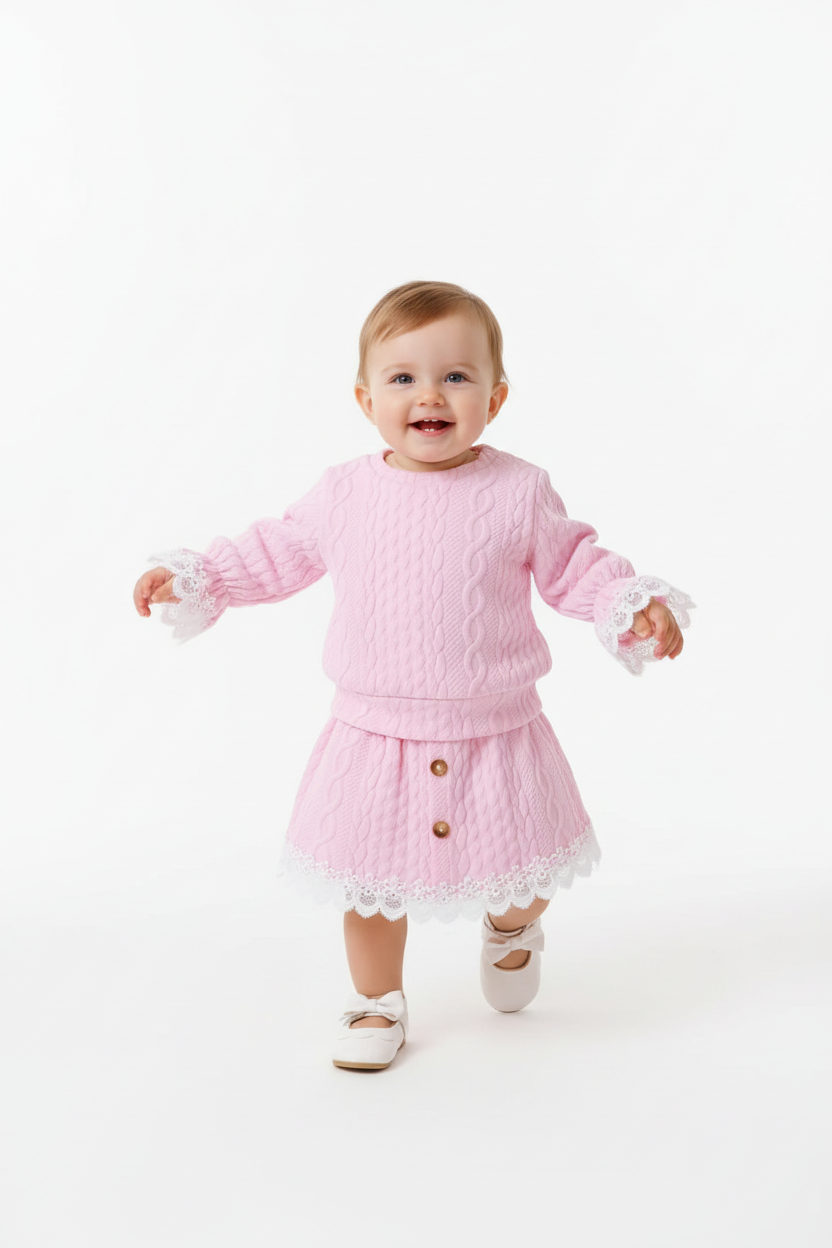 Bébé fille debout ou faisant ses premiers pas en portant l'ensemble haut dentelle rose et jupe - vue trois-quarts - fond blanc studio