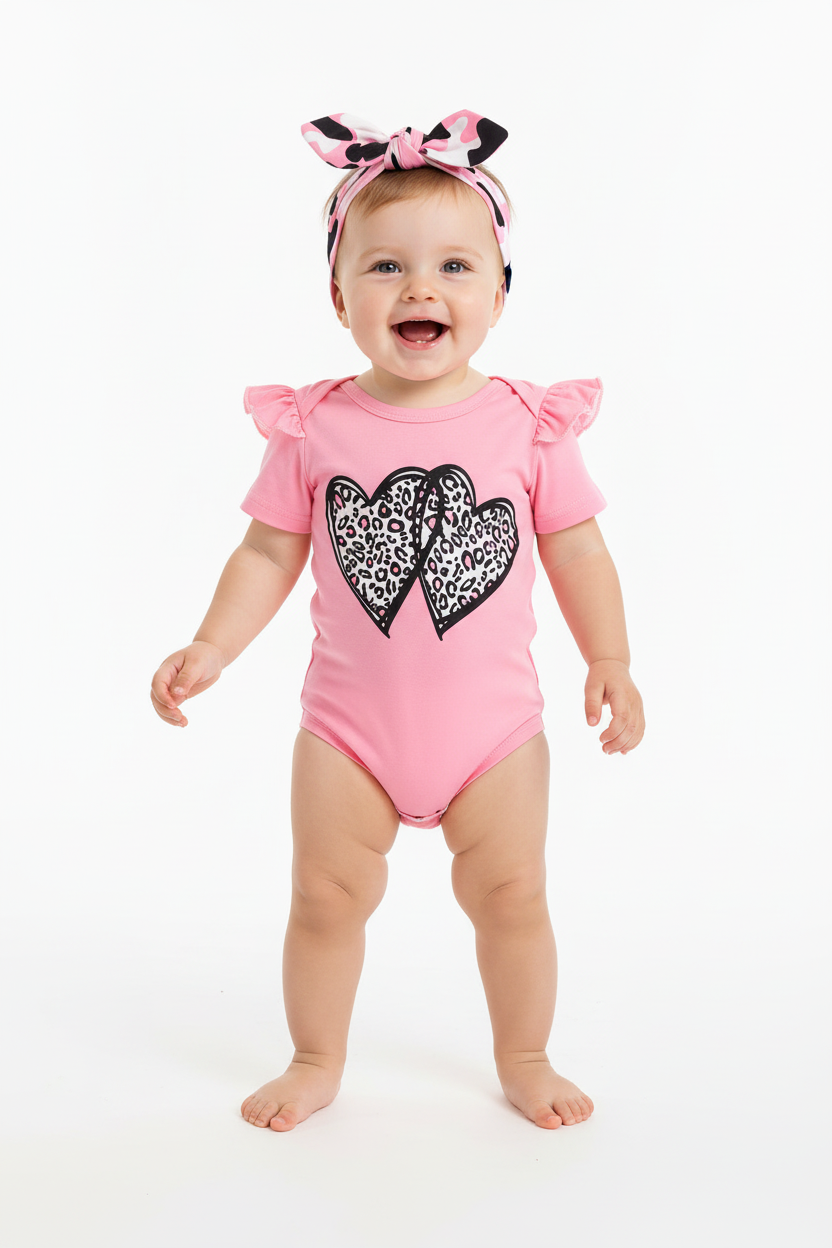 Bébé fille en ensemble rose léopard - body cœurs léopard, short camouflage et bandeau - vue de face - BabyCoton
