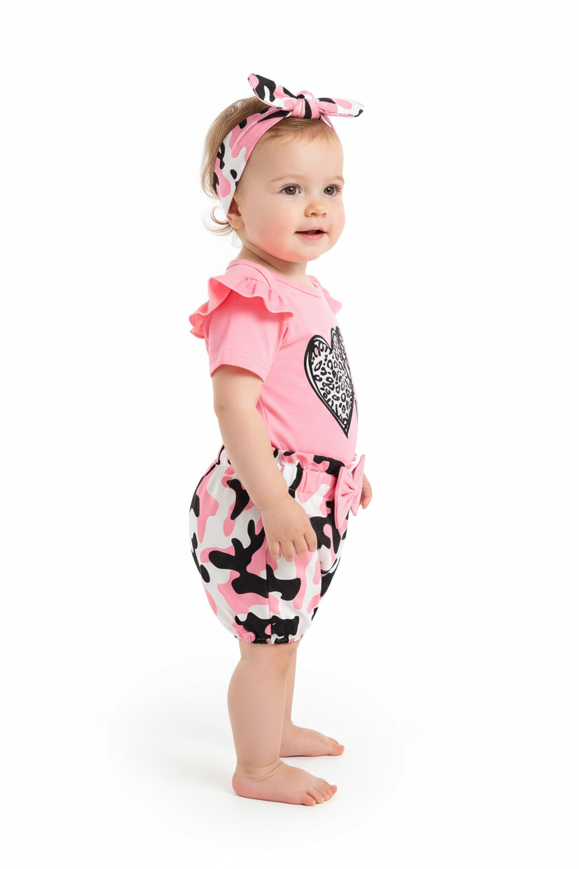 Bébé fille en ensemble rose léopard - body à manches volantées et short camouflage rose noir - vue de côté - BabyCoton