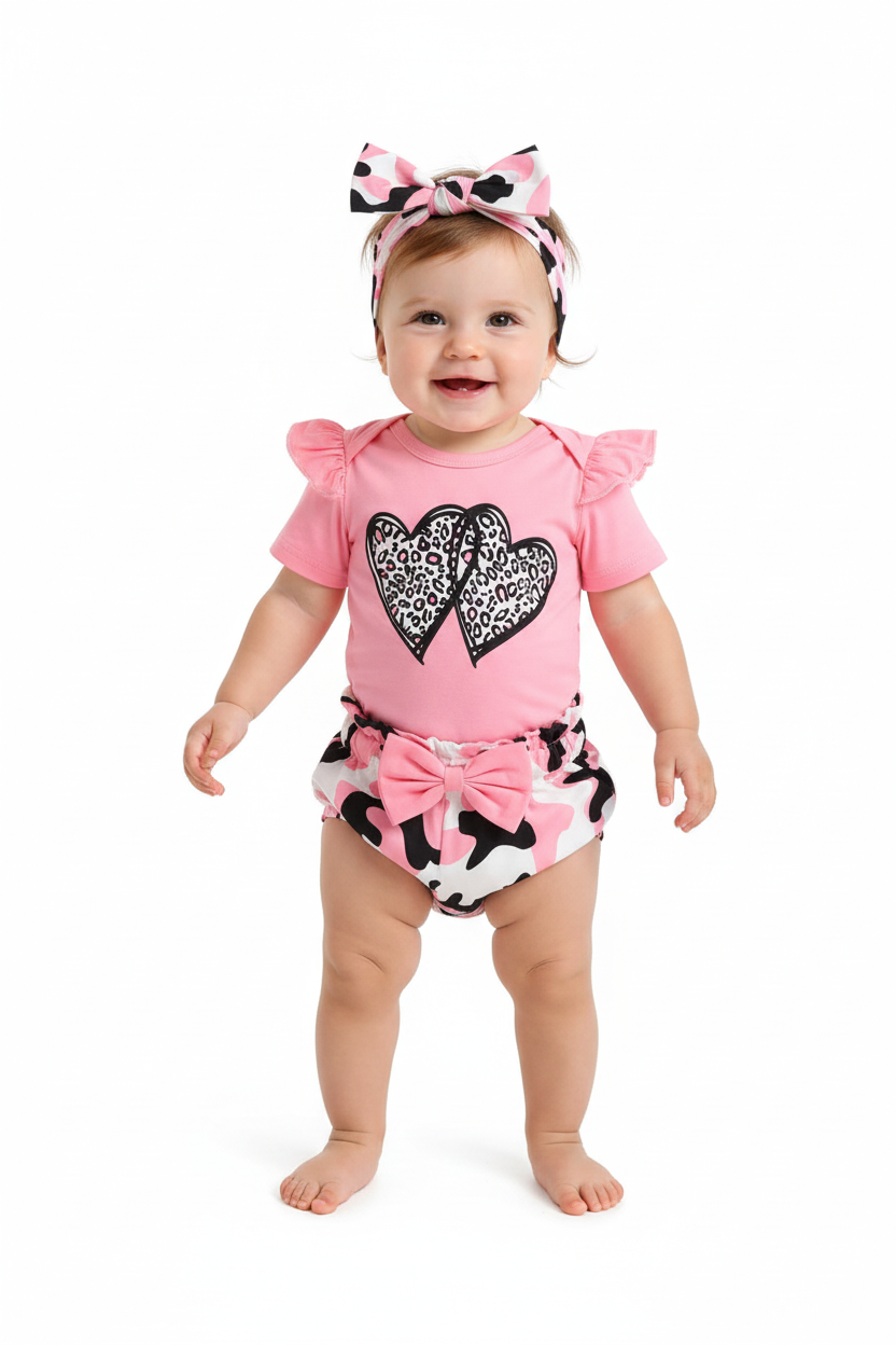Bébé fille en ensemble rose léopard - détail cœurs léopard et nœud camouflage - BabyCoton