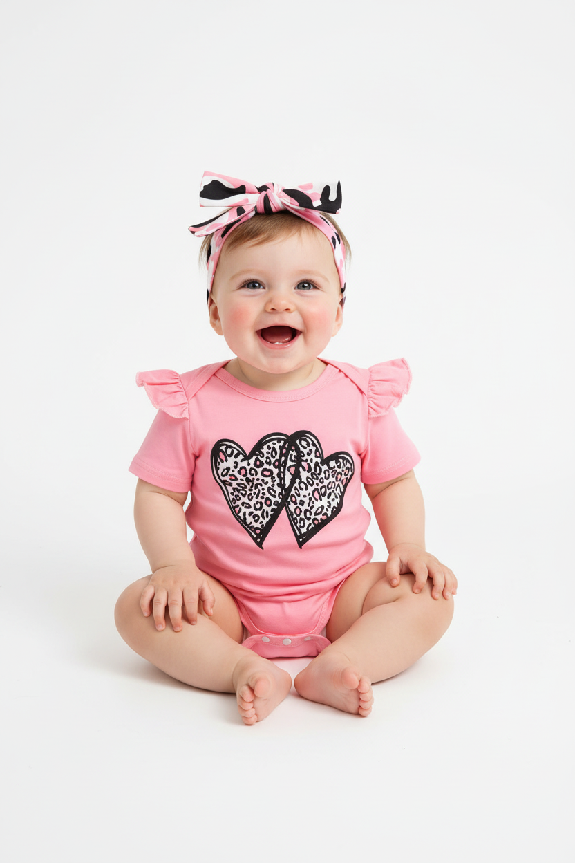 Bébé fille en ensemble rose léopard - pose assise adorable - vêtement bébé confortable - BabyCoton