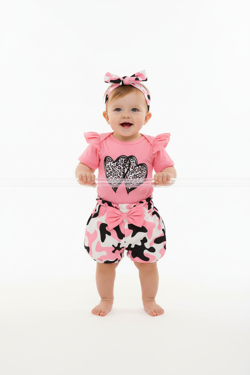 Bébé fille en ensemble rose léopard - pose debout avec support - premiers pas - BabyCoton