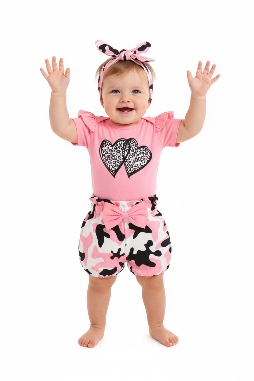 Bébé fille en ensemble rose léopard - pose joyeuse bras levés - tenue bébé tendance - BabyCoton