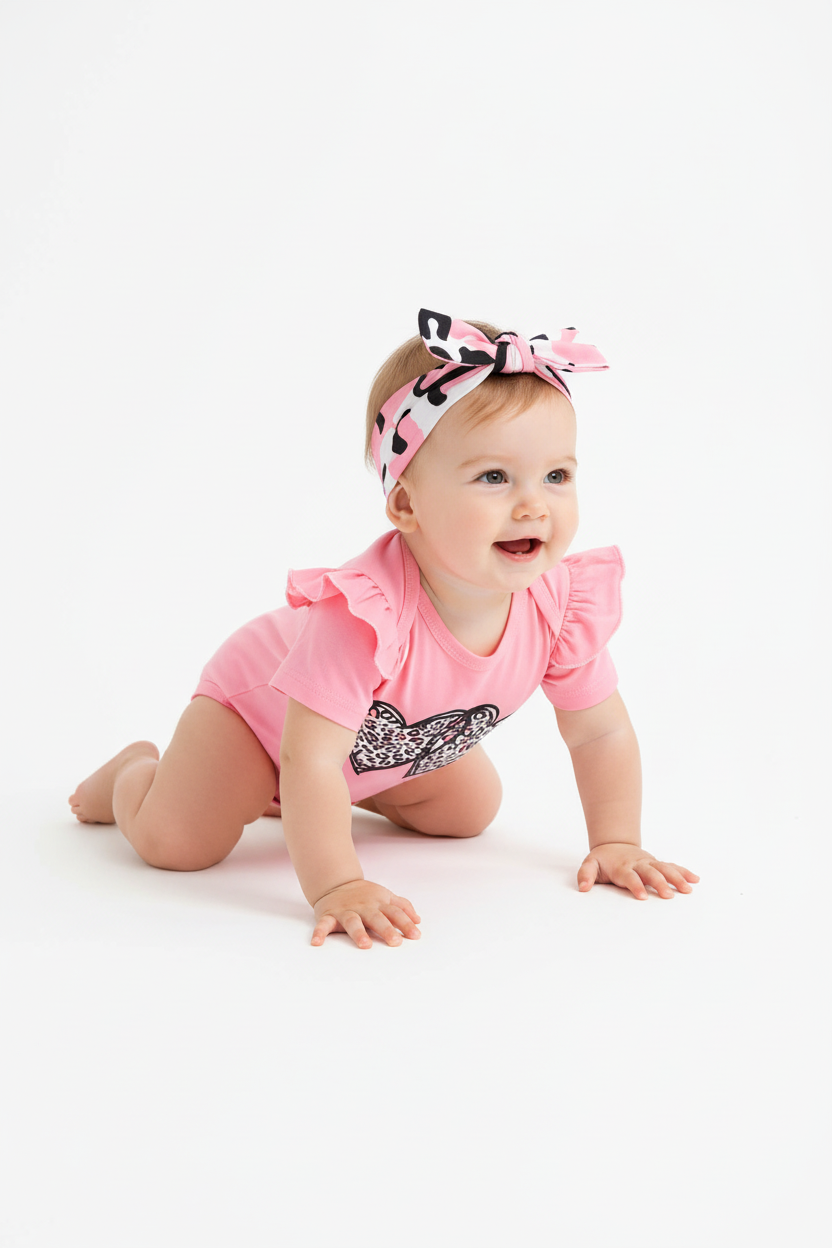 Bébé fille en ensemble rose léopard - pose à quatre pattes montrant ensemble complet - BabyCoton