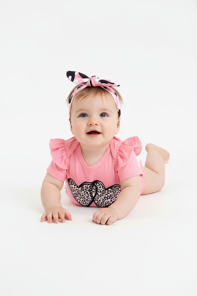 Bébé fille en ensemble rose léopard - pose sur le ventre montrant body et short - BabyCoton