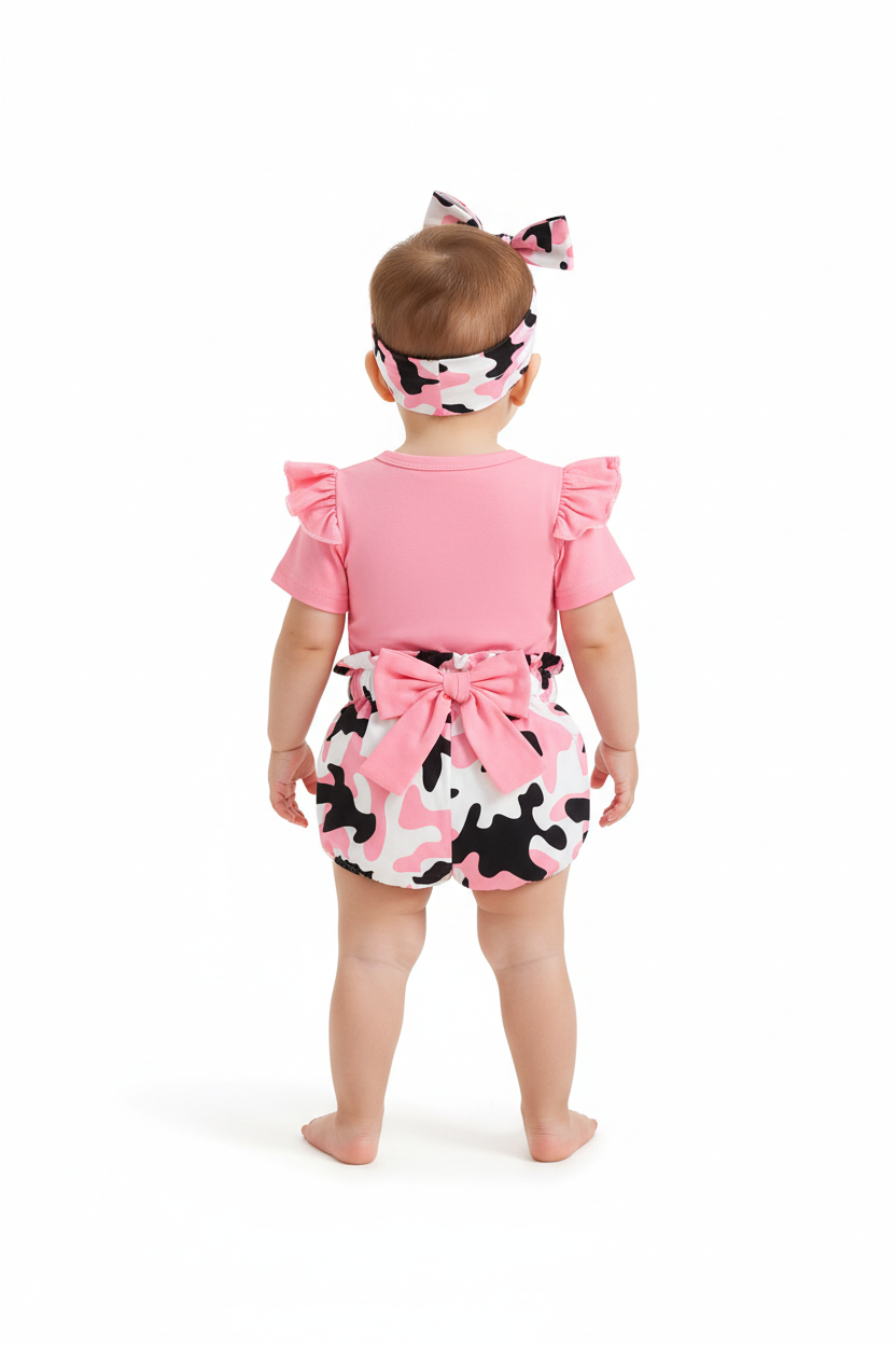 Bébé fille en ensemble rose léopard - vue de dos montrant nœud camouflage et détails - BabyCoton