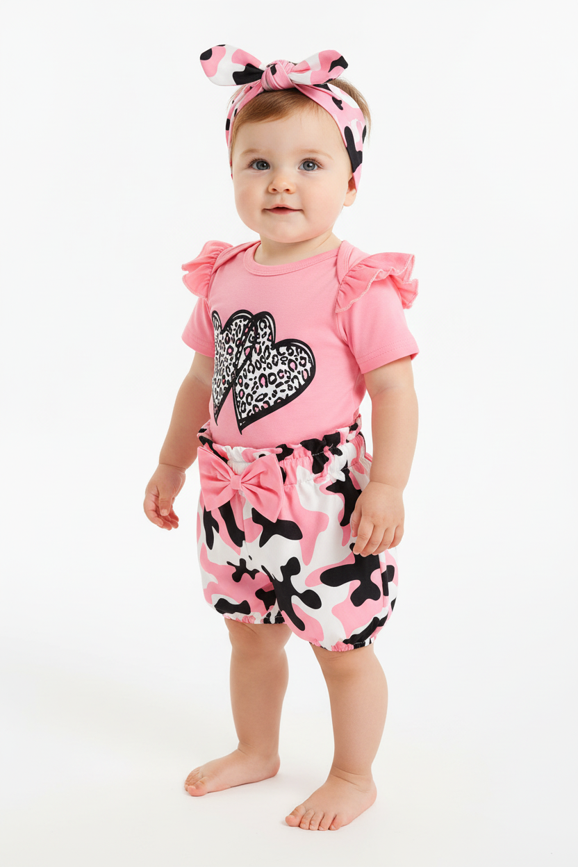 Bébé fille en ensemble rose léopard - vue trois-quarts montrant ensemble 3 pièces complet - BabyCoton