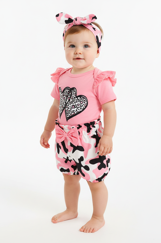 Ensemble Body Rose Cœurs Léopard, Short Camouflage et Bandeau pour Bébé Fille - 3 Pièces