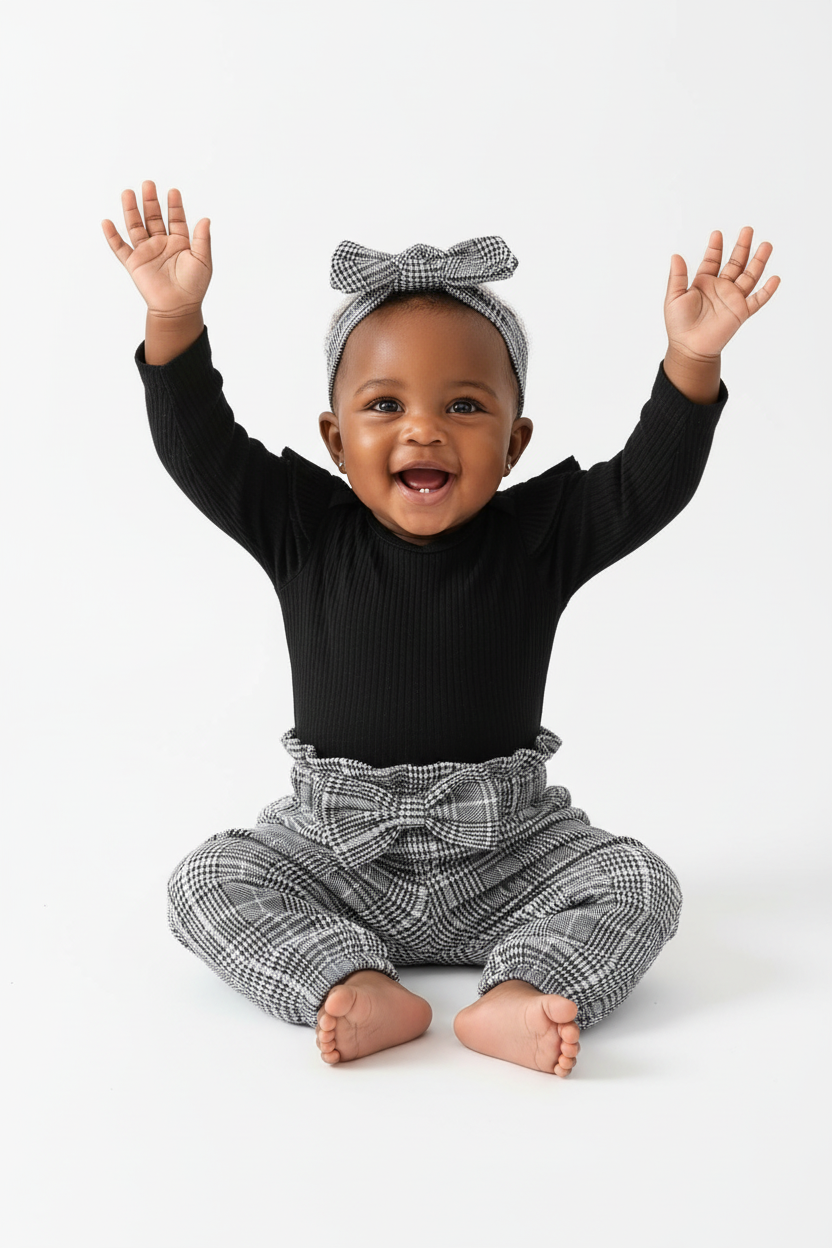 Bébé fille en ensemble body pantalon à carreaux bandeau 3 pièces - pose joyeuse bras levés - style champêtre-chic élégant - photo lifestyle fond blanc - BabyCoton Suisse
