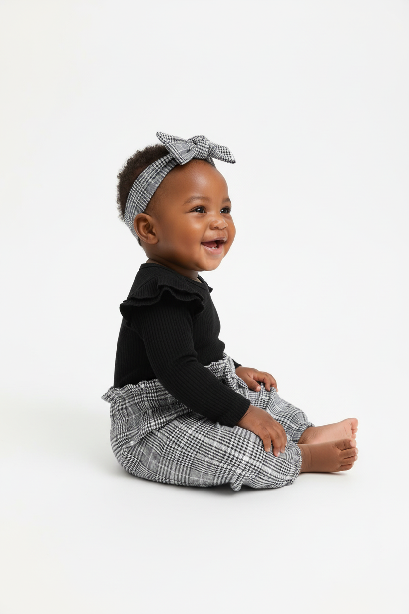 Bébé fille portant ensemble body pantalon carreaux bandeau 3 pièces - vue de côté - détail motif carreaux élégant - photo produit fond blanc - BabyCoton Suisse

