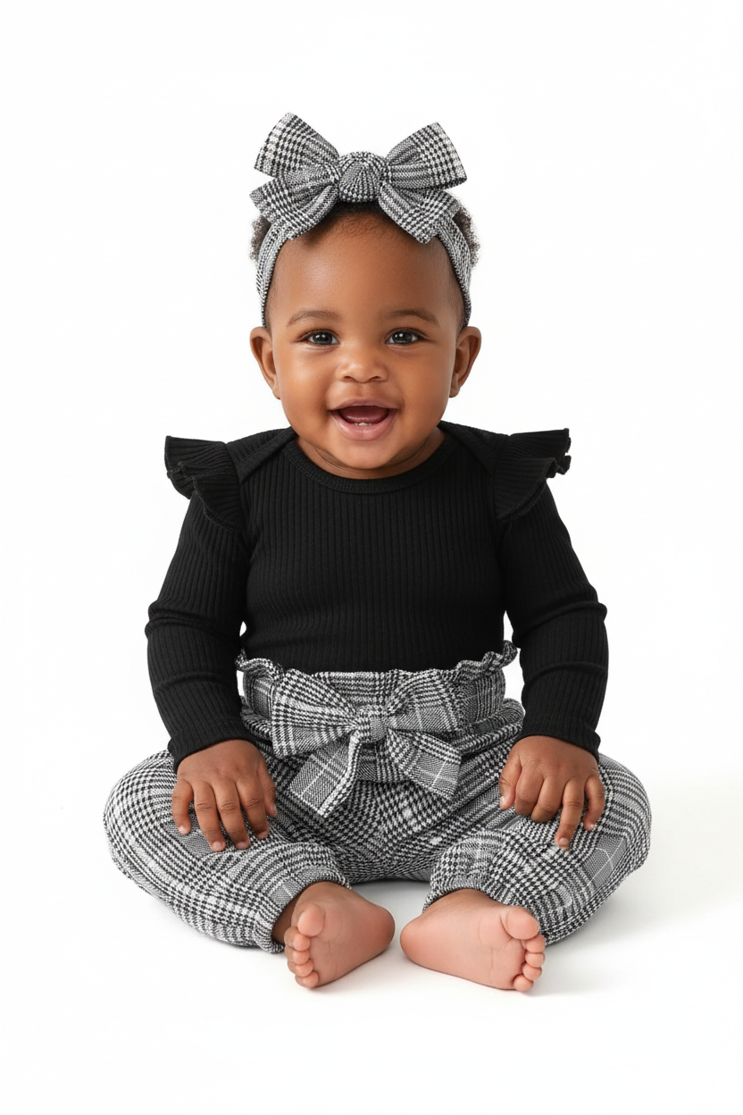 Bébé fille portant ensemble body pantalon à carreaux et bandeau 3 pièces - vue de face fond blanc - style champêtre-chic - photo produit BabyCoton Suisse

