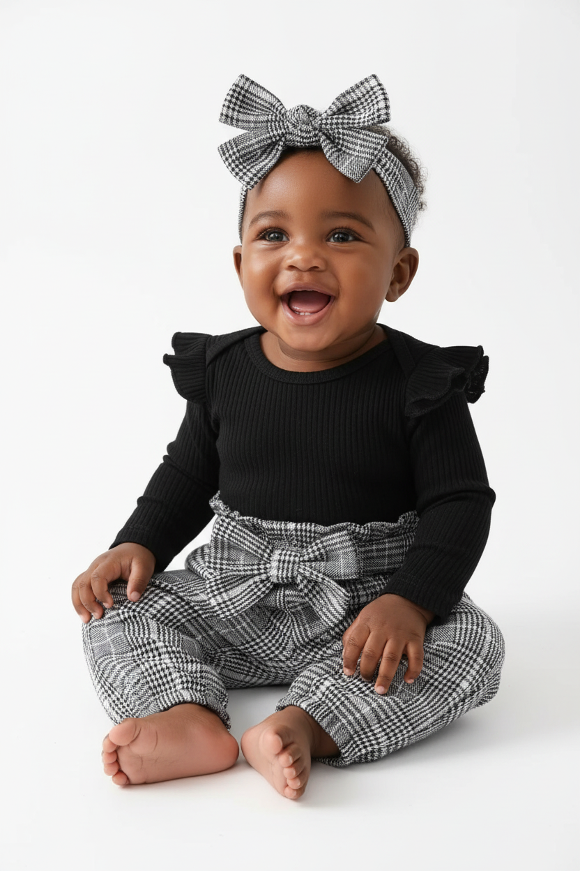 Bébé fille portant ensemble body pantalon carreaux bandeau 3 pièces - vue trois-quarts - détail tenue complète coordonnée - photo produit fond blanc - BabyCoton Suisse
