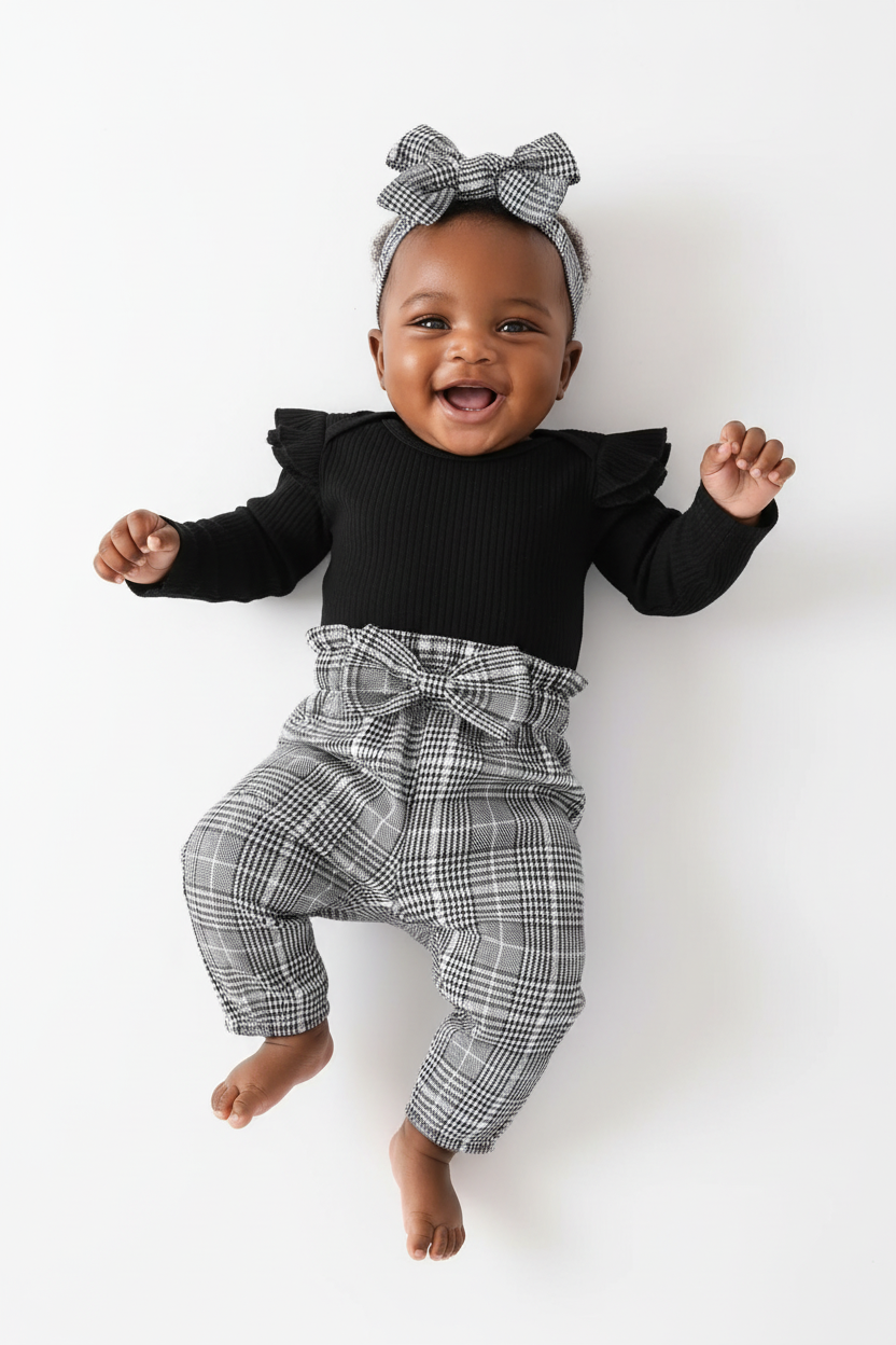 Bébé fille allongée en ensemble body pantalon carreaux bandeau 3 pièces - pose ludique joyeuse - tenue champêtre confortable - photo lifestyle fond blanc - BabyCoton
