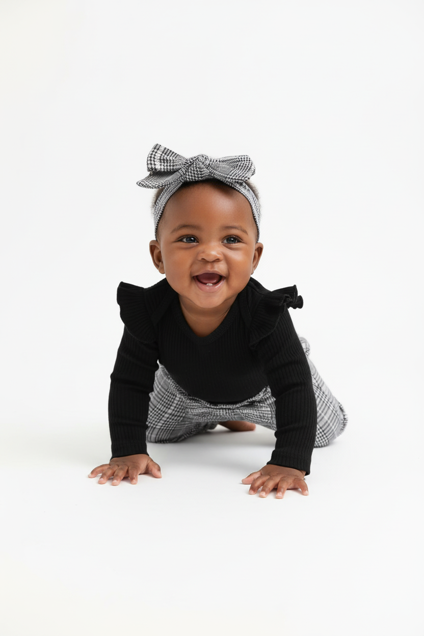 Bébé fille à quatre pattes en ensemble body pantalon carreaux bandeau 3 pièces - pose active ludique - tenue champêtre confortable - photo lifestyle fond blanc - BabyCoton
