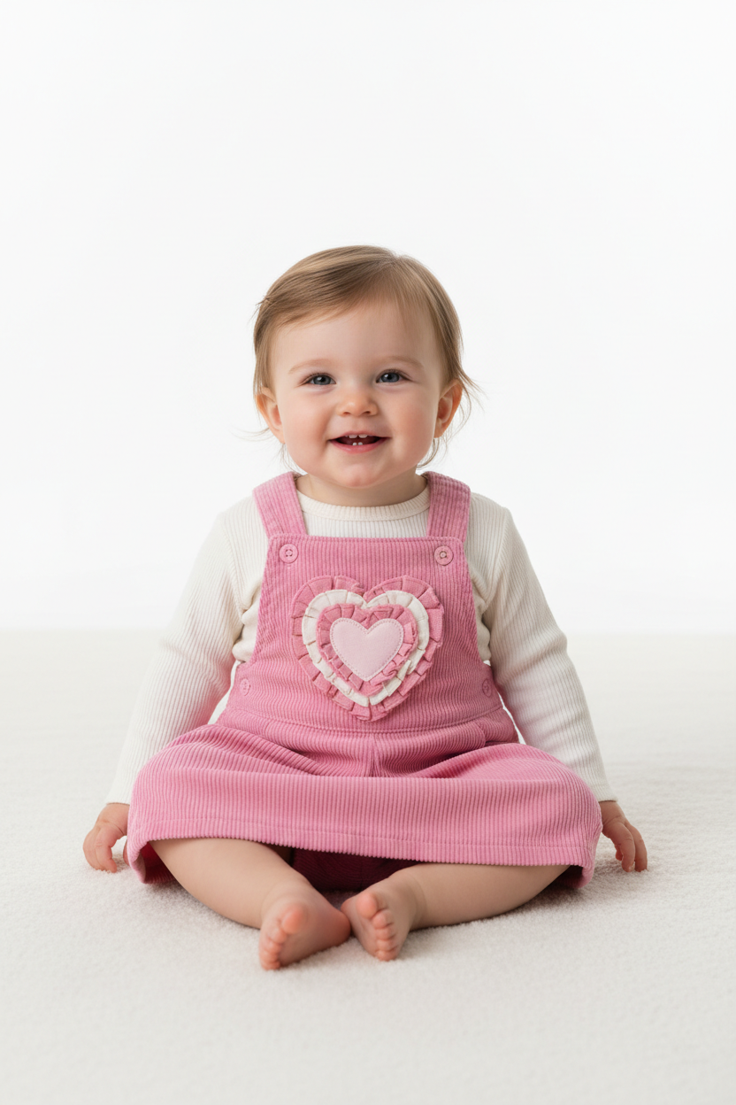 Bébé fille portant ensemble haut blanc et salopette rose avec cœur 3D vue de face fond blanc