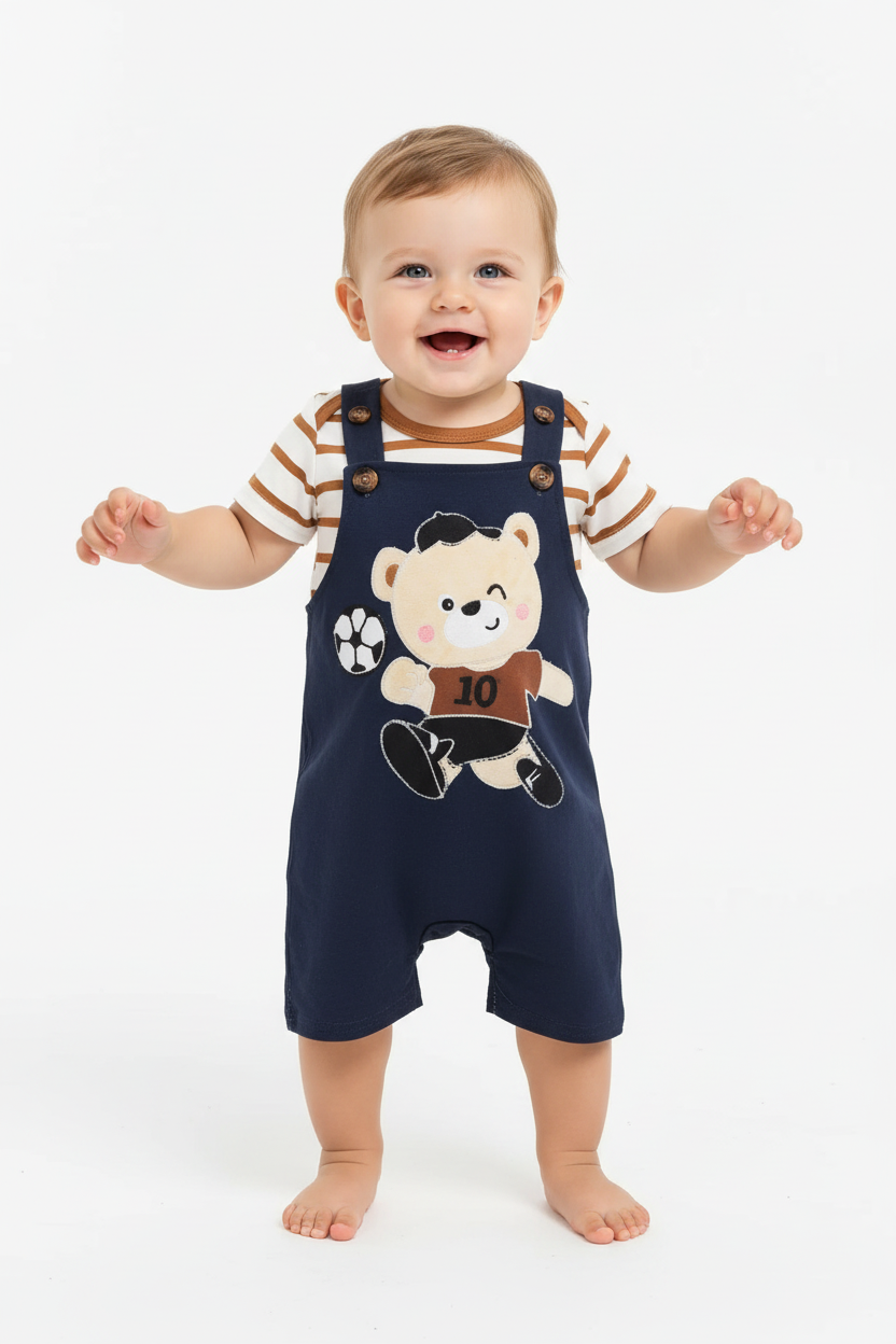 Bébé garçon en ensemble ourson footballeur - body rayé marron blanc et salopette bleue marine avec appliqué ourson ballon - vue de face - BabyCoton