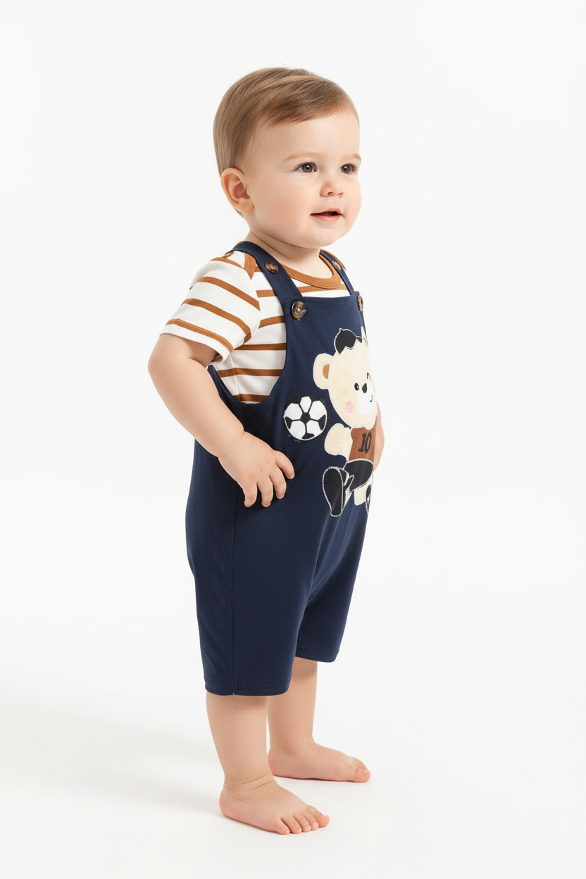 Bébé garçon en ensemble ourson footballeur - body rayures marron et salopette bleue bretelles boutons - vue de côté - BabyCoton