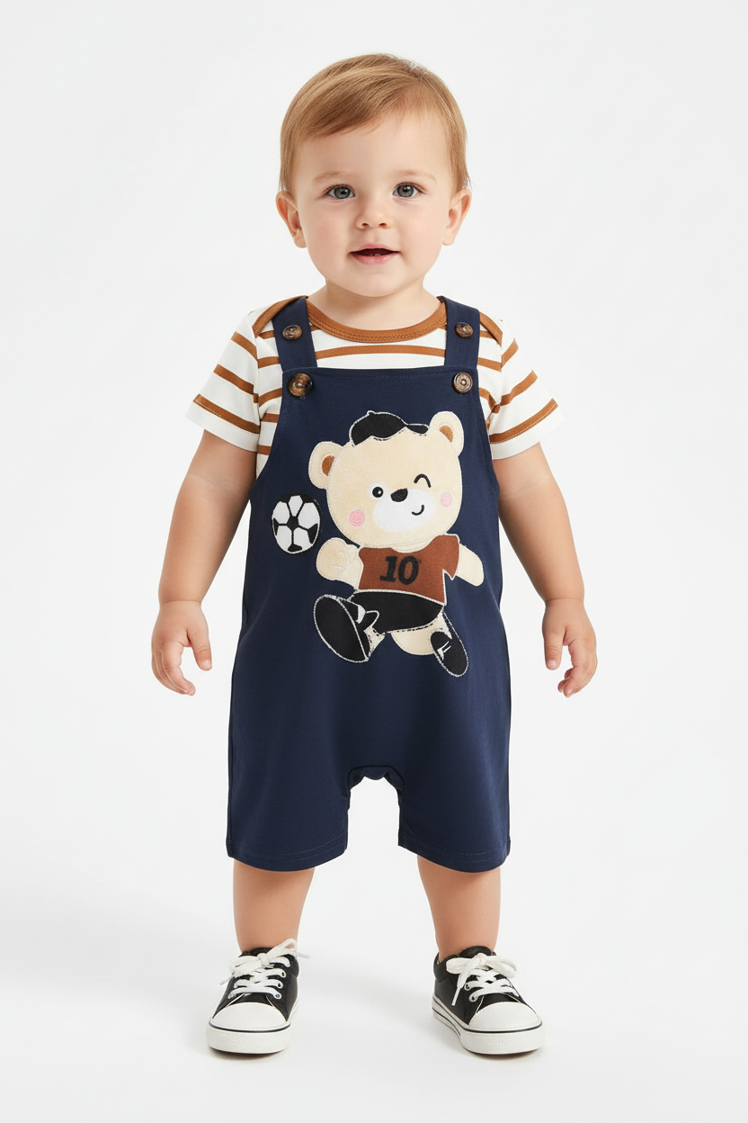 Bébé garçon en ensemble ourson footballeur - détail appliqué ourson numéro 10 avec ballon de foot - BabyCoton