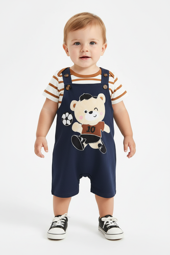 Ensemble Body Rayé Marron et Salopette Bleue Ourson Footballeur pour Bébé Garçon - 2 Pièces