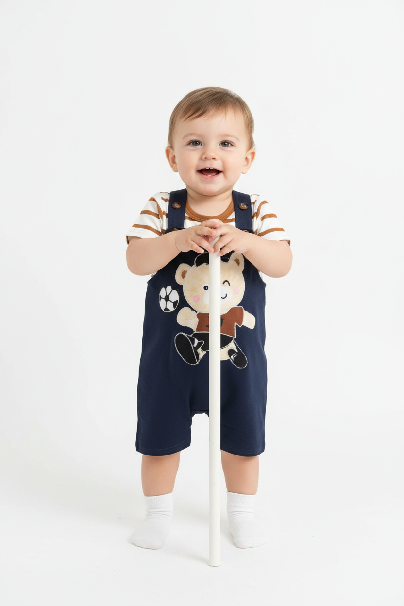 Bébé garçon en ensemble ourson footballeur - pose debout avec support - premiers pas - BabyCoton
