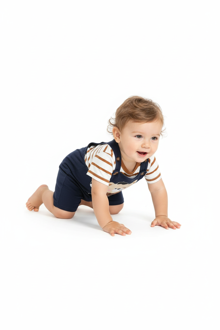 Bébé garçon en ensemble ourson footballeur - pose à quatre pattes montrant salopette et body - BabyCoton