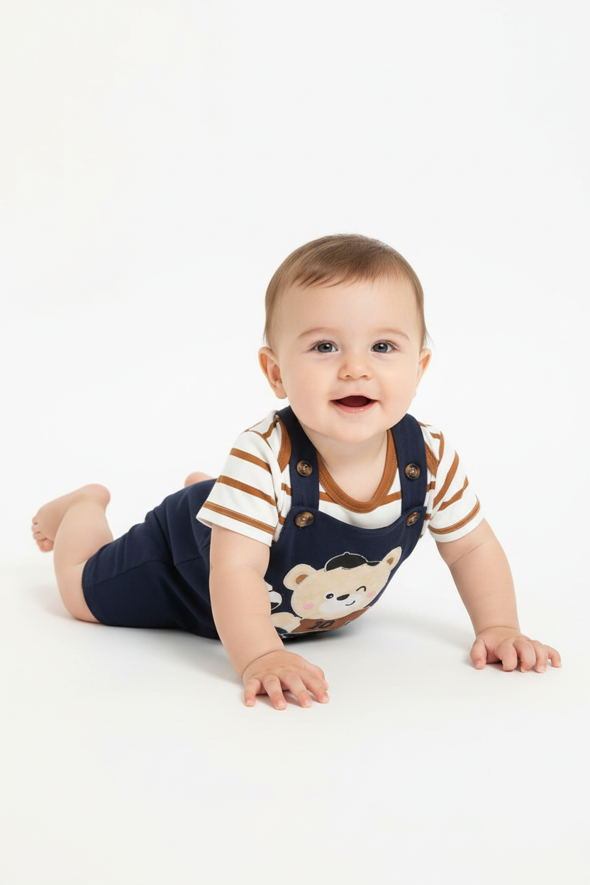 Bébé garçon en ensemble ourson footballeur - pose sur le ventre montrant ensemble complet - BabyCoton
