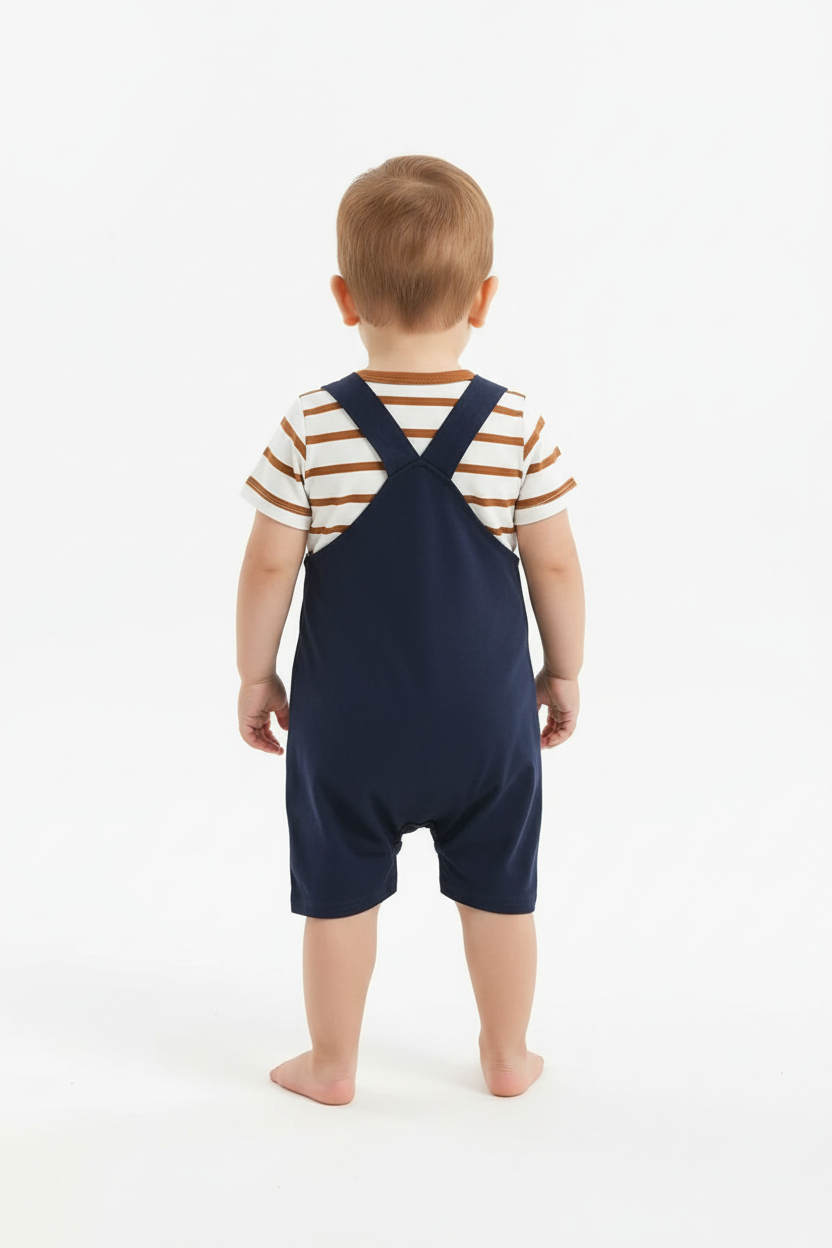 Bébé garçon en ensemble ourson footballeur - vue de dos montrant bretelles salopette et boutons - BabyCoton